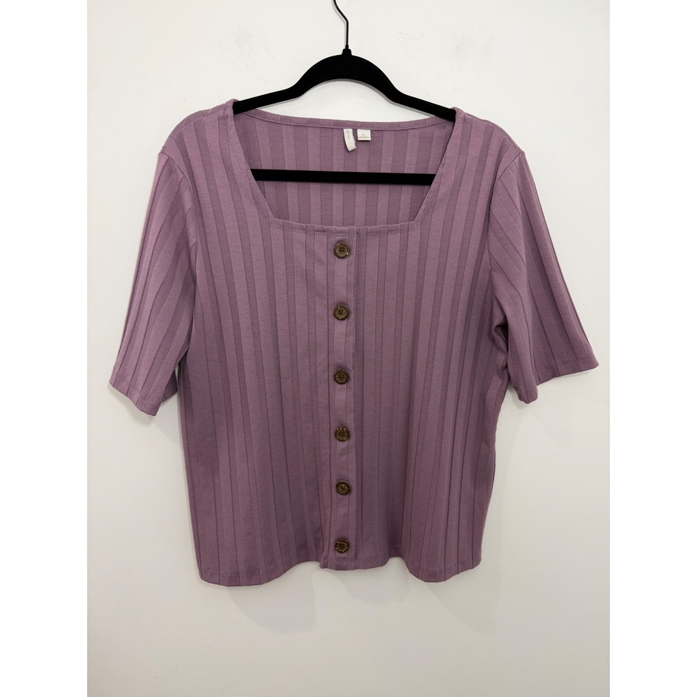 Est. 1946 Purple Ribbed Knit Square Neck Short Sleeve Button Front Top Large
